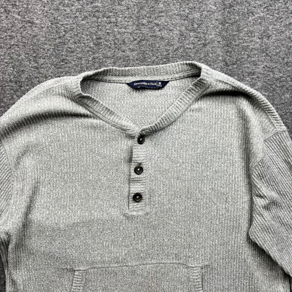 Abercrombie & Fitch Shirt Womens Medium Gray Sweater Henley Ribbed Cropped - Picture 3 of 15